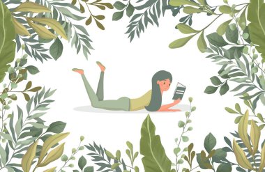 Yeşil yapraklarla çevrili bir kitap okuyan kadın vektör düz çizim yapıyor. Çiçek sınır çerçeve şablonu.