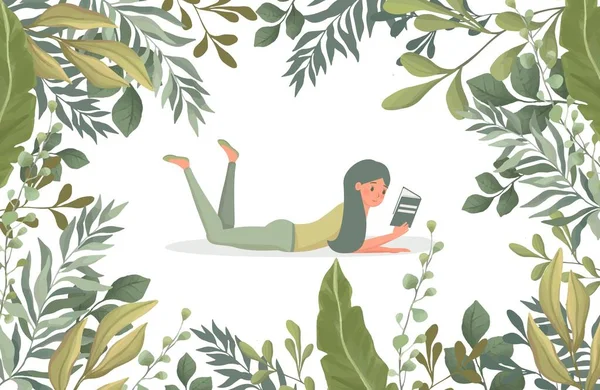 Egy nő zöld levelekkel körülvett könyvet olvas vektorlapos illusztrációval. Virágos határkeret sablonja. — Stock Vector