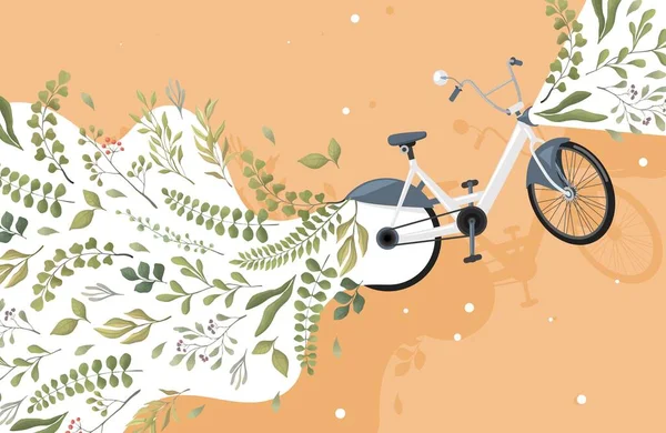 Modern green and eco friendly city transport vector flat concept. Bicycle and green leaves illustration. — Stock Vector