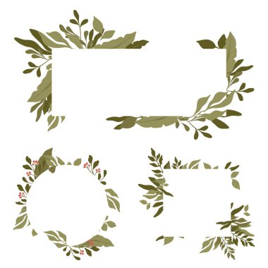 Ortasında metin alanı olan dikdörtgen kenarlıklar kümesi. Yeşil yapraklar yuvarlak ve dikdörtgen vektör çerçeveleri.