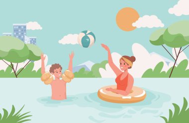Anne ve oğlu göl vektörü düz çiziminde top oynuyorlar. Mayolu bir erkek ve bir kadın gölette yüzerler..