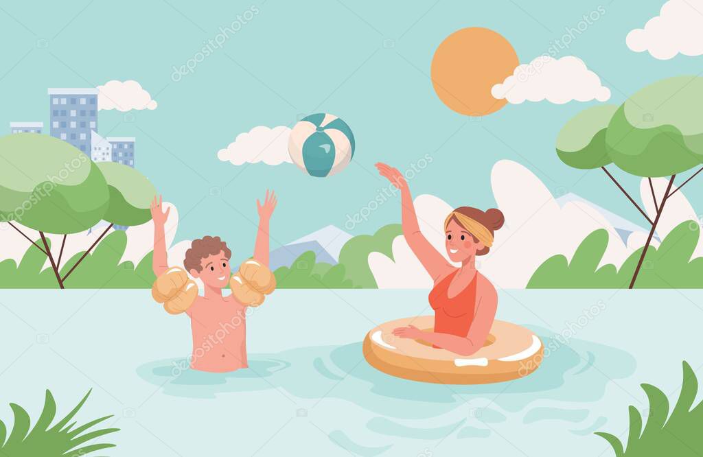 Mother and son playing ball in lake vector flat illustration. Boy and woman in swimming suits swim in the pond.