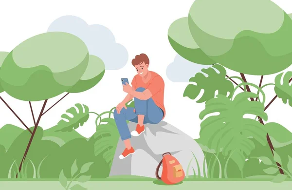 Menino sentado na rocha e falando no smartphone. Jovem usando vídeo chamada vetor plana ilustração. — Vetor de Stock