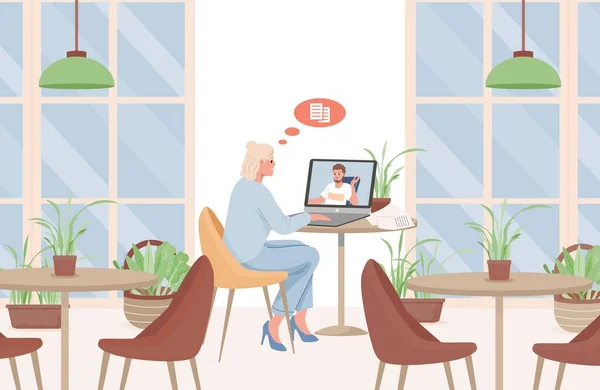 Young woman sitting in cafe or restaurant and speaking with man via videoconference vector flat illustration. — Stock Vector