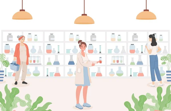 People in pharmacy vector flat illustration. Drugstore interior. Women standing near shelves with drugs. — Stock Vector
