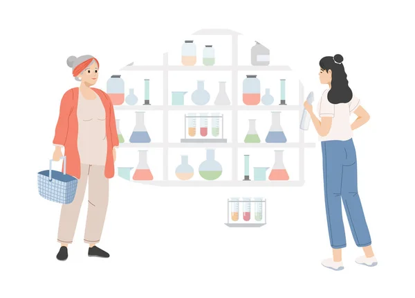 Mujeres jóvenes y mayores eligiendo medicamentos en farmacia vector ilustración plana. Personas en farmacias comprando drogas. — Vector de stock