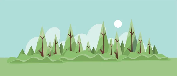 Καλοκαίρι δάσος τοπίο διάνυσμα επίπεδη απεικόνιση. Πράσινο δάσος με ξέφωτα και θάμνους. Καλοκαιρινό φόντο. — Διανυσματικό Αρχείο