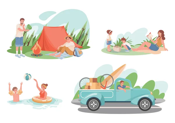 Bir dizi yaz tatili aktivitesi. Mutlu gülümseyen insanlar kamp yapar, yüzer, doğada piknik yaparlar.. — Stok Vektör