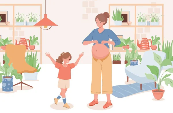 Mother telling her daughter about pregnancy vector flat illustration. Girl happy about the future brother or sister. — Stock Vector