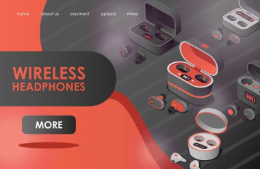 Kablosuz kulaklıklar vektör düz iniş sayfası şablonu. Farklı kablosuz bluetooth kulaklıklar ve şarj davaları.