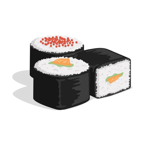 Sushi roll dengan nori, nasi, salmon dan kaviar. Masakan Jepang, gambar kartun rata vektor makanan tradisional. - Stok Vektor