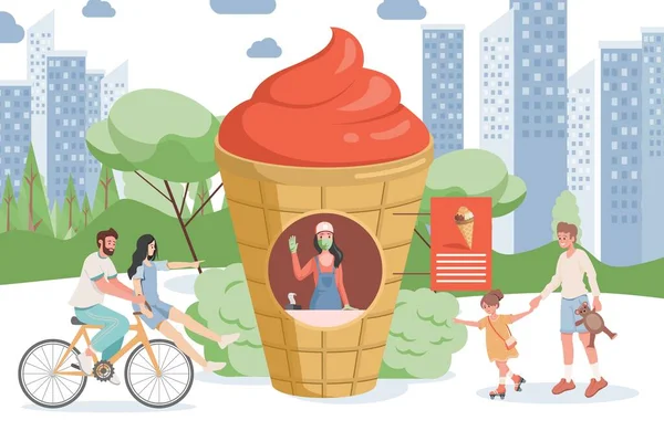 Zmrzlina obchod vektor ploché ilustrace. Šťastně se usmívající lidé procházky v městském parku a jít na zmrzlinu stánek. — Stockový vektor
