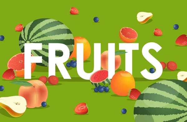 Frutta parola vettore disegno banner cartone animato. Angurie, pere, pesche, pompelmi, mirtilli e fragole. — Vettoriale Stock
