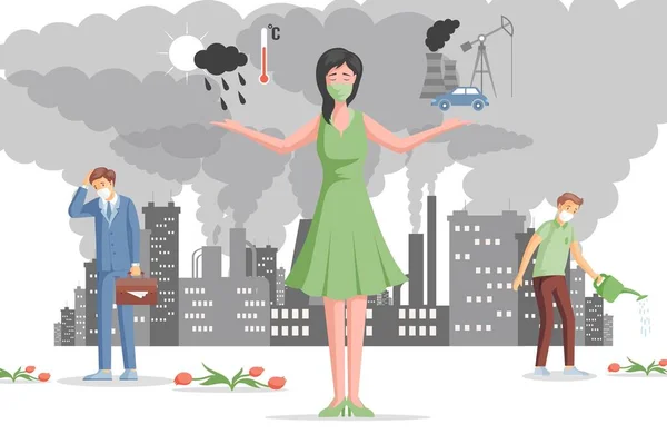 Poluição do ar ilustração plana. Pessoas tristes com máscaras protectoras. Aquecimento global, poluição do ar com gases nocivos. —  Vetores de Stock
