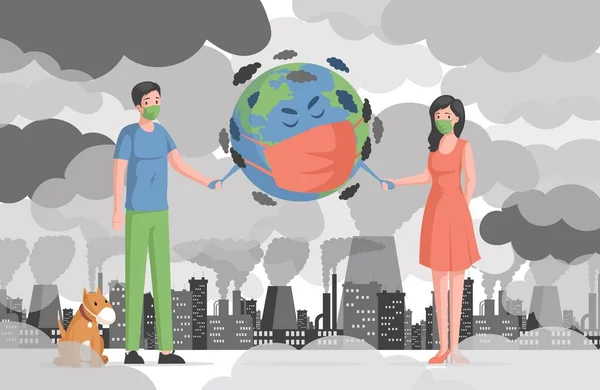 Luftverschmutzung und globale Erwärmung Vektor flache Konzept. Mann und Frau mit schützender Gesichtsmaske halten den Planeten Erde. — Stockvektor