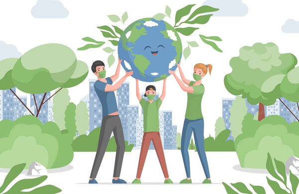 Семья, мать, отец и сын в масках лица держат счастливую улыбающуюся планету Земля с листьями векторной плоской иллюстрацией.