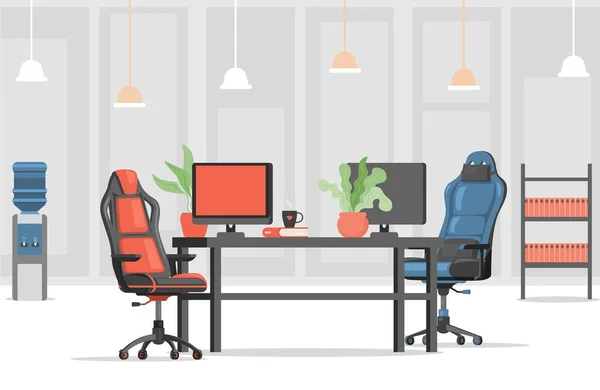 Diseño plano moderno y elegante del vector del lugar de trabajo. Sillones o sillas de juego rojos y azules, monitores de ordenador. — Vector de stock