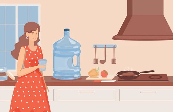 Jovem mulher sorridente com um copo de água em pé na cozinha vetor ilustração plana. Mulher água potável. — Vetor de Stock