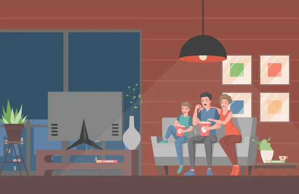 Familie kijken film of tv-show op televisie vector platte illustratie. Familie tijd, avondtijd samen doorbrengen. — Stockvector