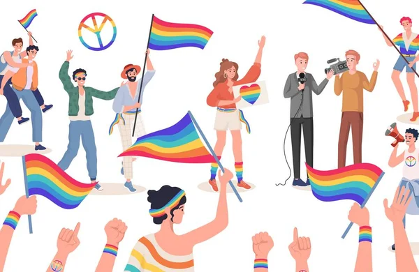 LGBTQ pýcha vektorové ploché ilustrace. Lidé s barevnými duhovými vlajkami. Mužští a ženští aktivisté držící vlajky LGBT. — Stockový vektor