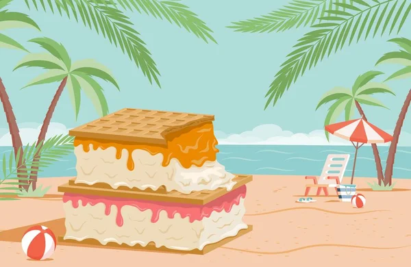 Grande gelato gustoso con cialde sulla spiaggia estiva vettore illustrazione piatta. Ora legale, concetto di ricreazione stagionale. — Vettoriale Stock