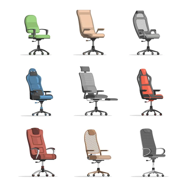 Set van verschillende werkstoelen. Grijs, rood, blauw, groen en bruin bureaustoelen vector platte illustratie. — Stockvector