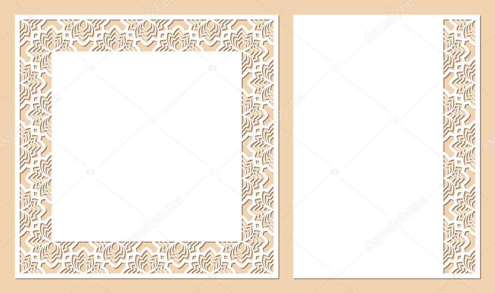 Set of cards with openwork floral border and space for text. Laser cutting templates suitable for greeting cards, envelopes, invitations, interior decorative elements.