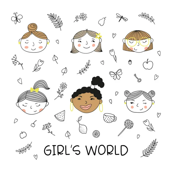 Set of heads by hand-drawn cute girls. Doodles of flowers and fruits and inscription Girls of the world. Vector illustration.