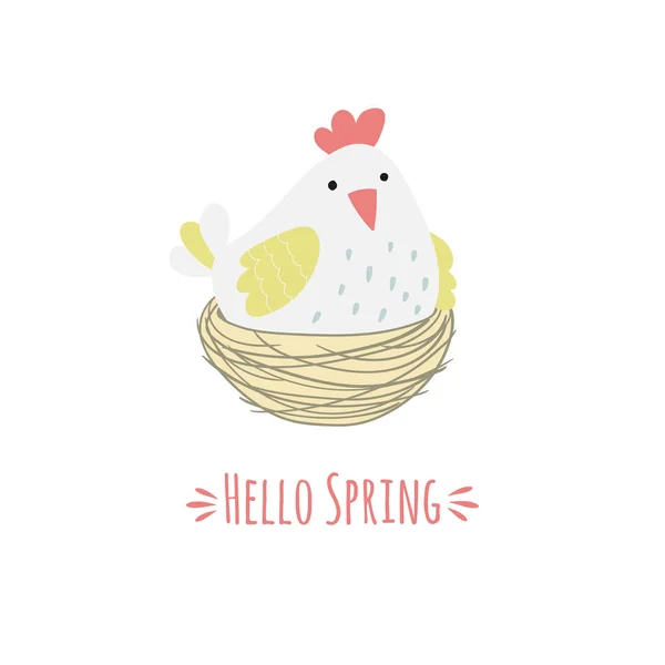 Cartoon hen in the nest and the inscription hello spring. — Stock Vector
