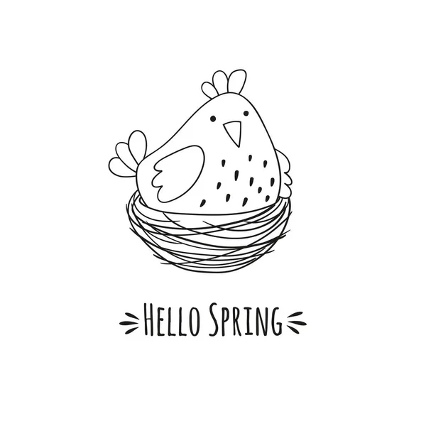 Cartoon chicken in the nest and the inscription hello spring. — Stock Vector