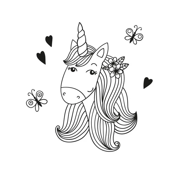 Dulce cabeza de unicornio de dibujos animados. Ilustración vectorial en blanco y negro . — Archivo Imágenes Vectoriales