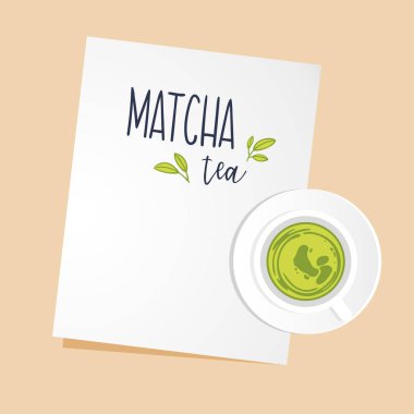 Bir fincan yeşil Matcha çay fincan tabağı ve metin için yer ile beyaz kağıt parçası. Üstten görünüm. Vektör düz çizim.