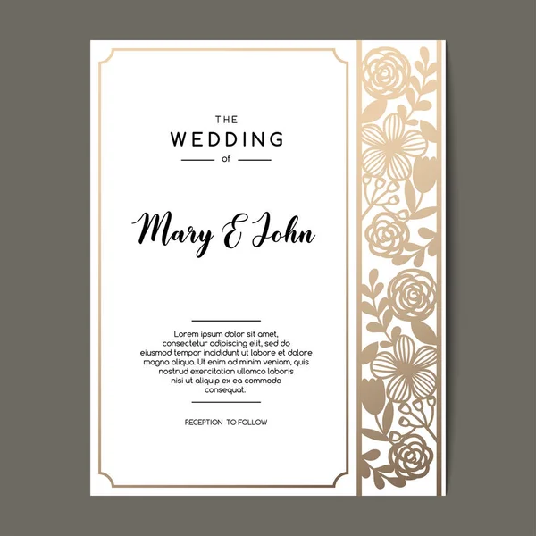 花飾りとエレガントな結婚式の招待状の背景 ゴールデン枠のベクター グリーティング カード デザイン — ストックベクタ
