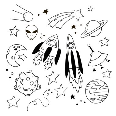 Güzel doodle simgeler kümesi. Çizilmiş roketler, gezegenler ve diğer kozmik unsurlar. Siyah ve beyaz vektörel clipart.