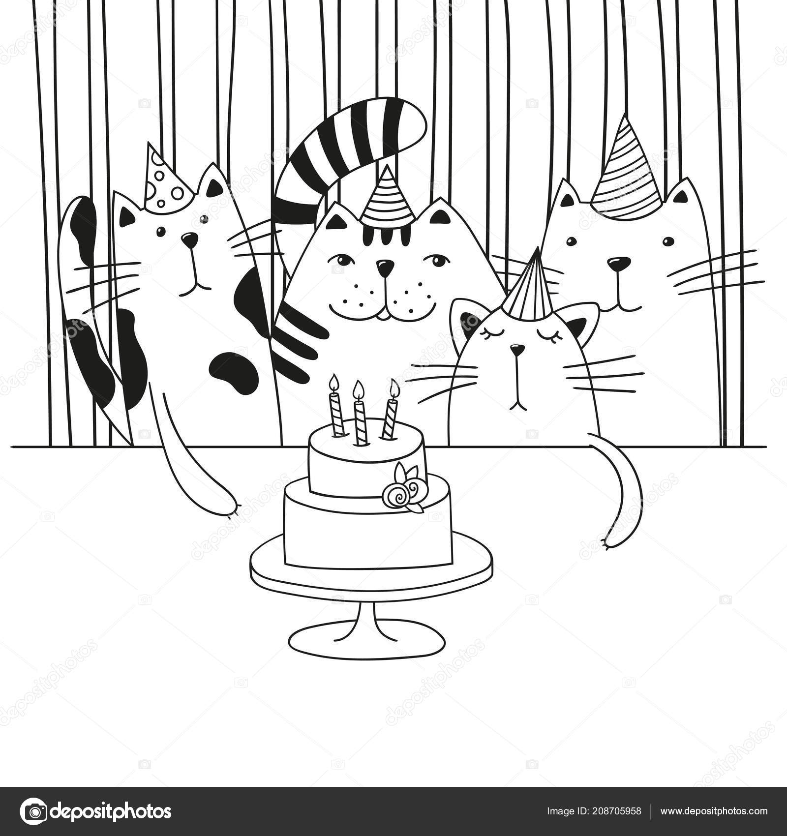 Quatre Chats Mignon Dessin Animé Anniversaire Parti