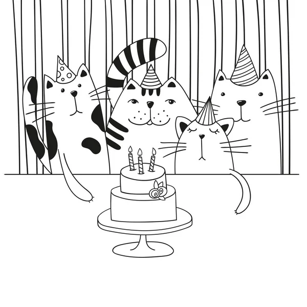 Four cute cartoon cats in the birthday party. Black and white vector illustration. Coloring page.