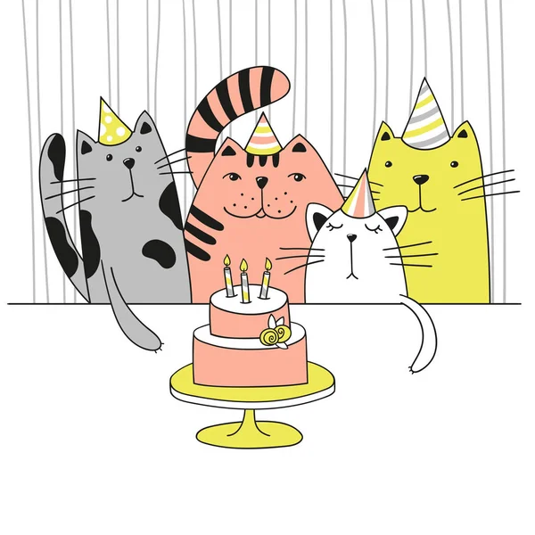 Vier Süße Cartoon Katzen Auf Der Geburtstagsparty Vektorillustration — Stockvektor