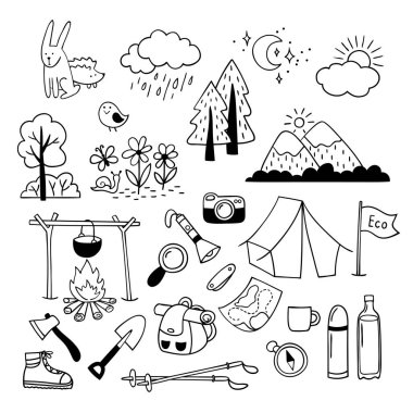 El kümesi çizilmiş açık kamp ekipmanları simgeler, yürüyüş, dağcılık. Kamp doodle öğeleri. Siyah ve beyaz vektörel clipart.