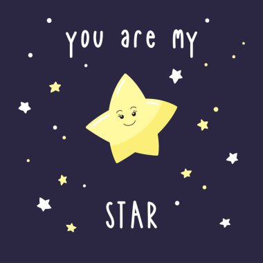 Çok güzel çizgi film yıldızı gece gökyüzünde ve sen are benim yıldız yazıt. Parlak vektör çizim tebrik kartı, poster ya da bir T-shirt üzerine baskı için uygun.