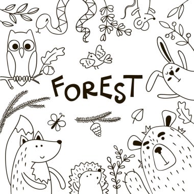 Doodles'ın orman hayvanları ve metin için yer ile arka plan. Siyah ve beyaz vektör şablonu.