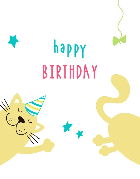 Background Cute Cartoon Cat Inscription Happy Birthday Vector Template Greeting — Stock Vector