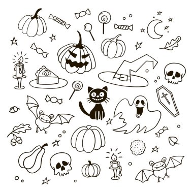 Cadılar Bayramı karalamalar kümesi. Siyah ve beyaz vektör çizim.