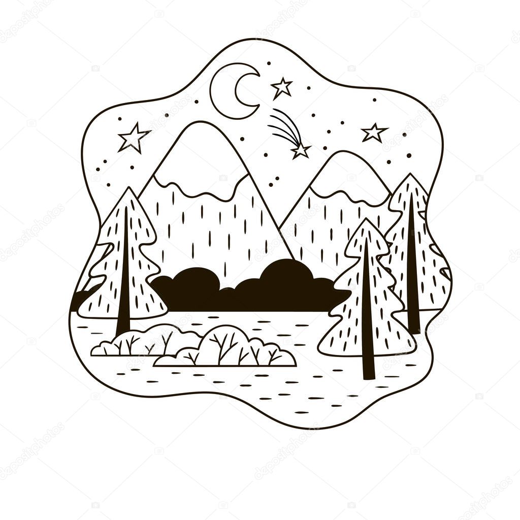 Black and white minimalistic mountain landscape with spruces. Vector illustration.