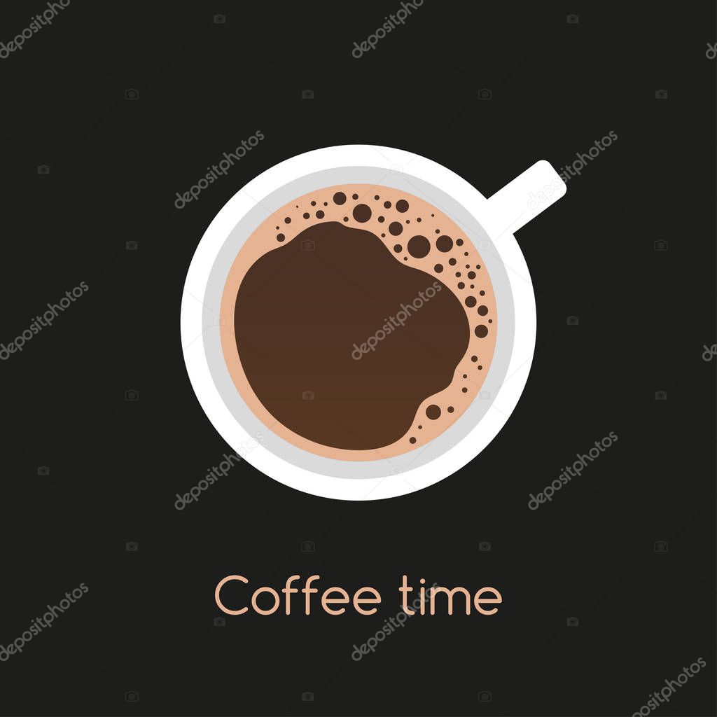 Fragrant black espresso with foam, top view. Cup of coffee and place for your text, vector flat illustration.