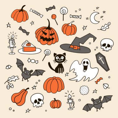 Cadılar Bayramı karalamalar kümesi. Sevimli vektör çizim.