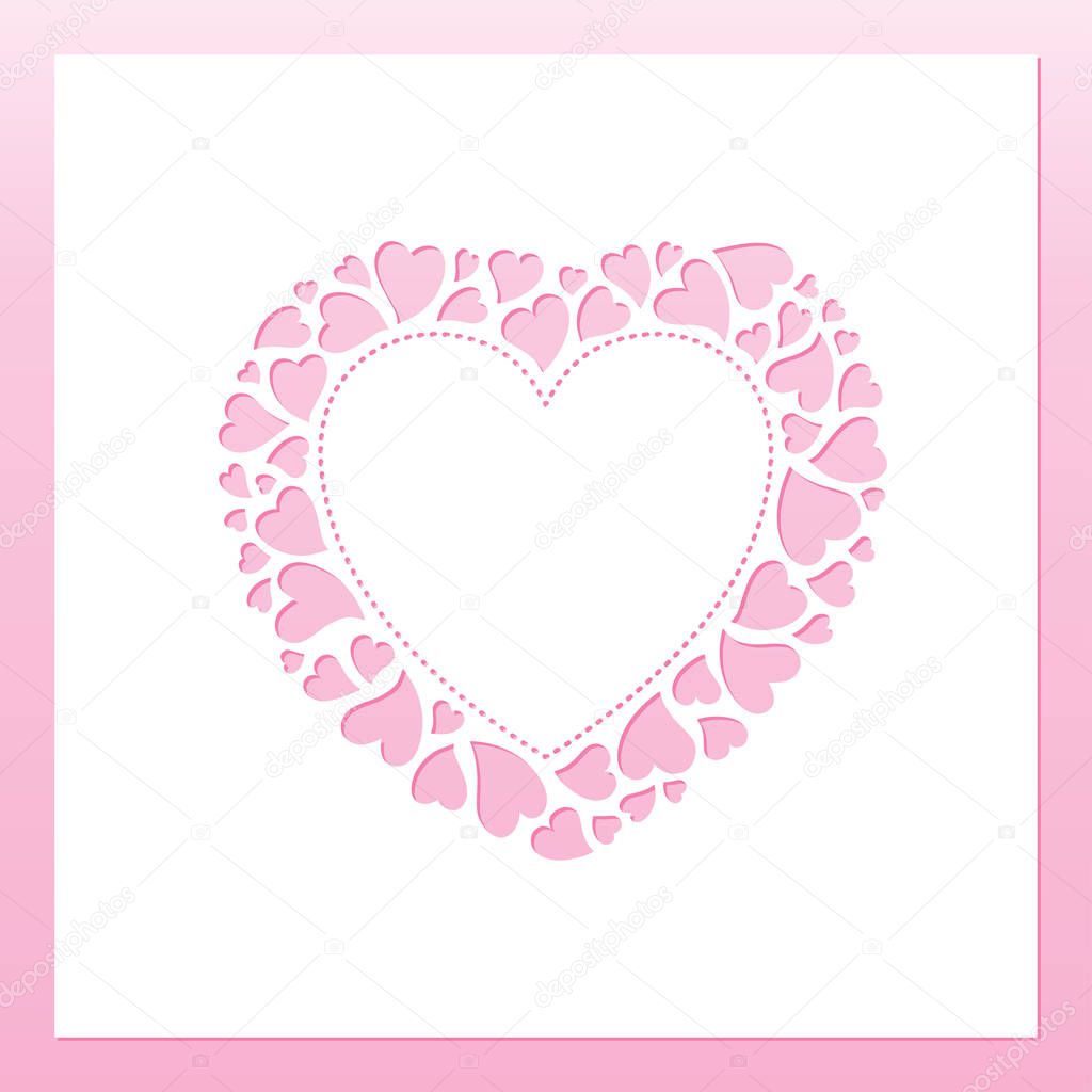 Openwork frame with tender wreath of hearts. Laser cutting template for greeting cards, envelopes, wedding invitations, interior decorative elements.