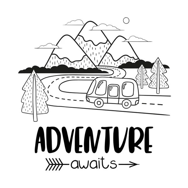 Paysage Montagne Minimaliste Avec Camping Car Sur Route Inscription Manuscrite — Image vectorielle