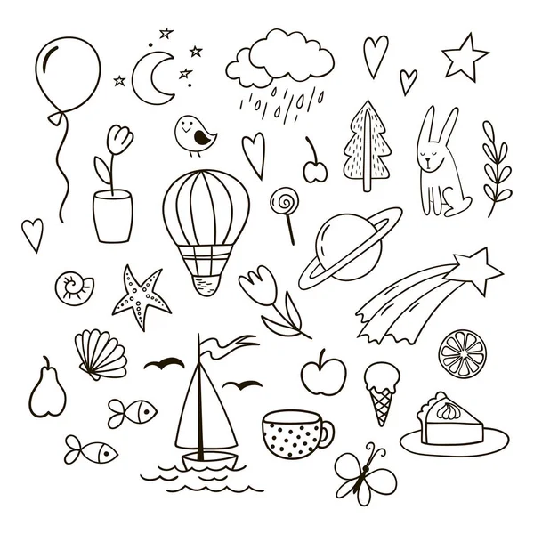 Conjunto Doodles Bonitos Infantis Clipart Vetor Preto Branco — Vetor de Stock