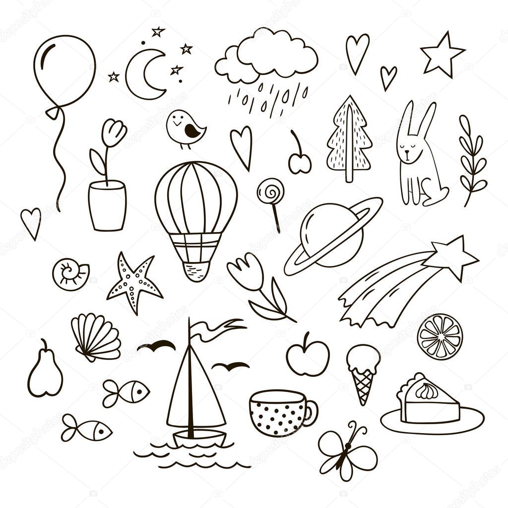 Set of childish cute doodles. Black and white vector clipart.