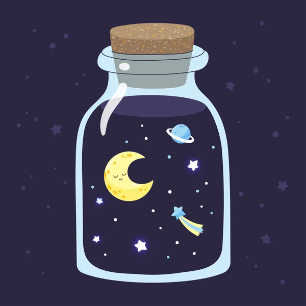 Γελοιογραφία Ημισελήνου Αστέρια Μια Μαγική Γυάλινο Βάζο Εικονογράφηση Διάνυσμα — Διανυσματικό Αρχείο